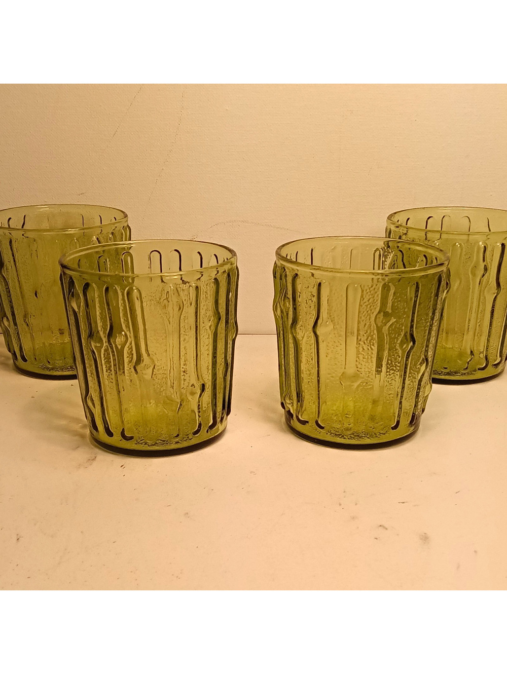 Vintage Anchor Hocking Tahiti Bamboo Avocado Green Juice Glasses 3.5” Set 4 MCM